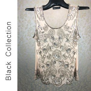 Metallic silver Sparkly Shiny detailed silver beading on nude sheer tank XS